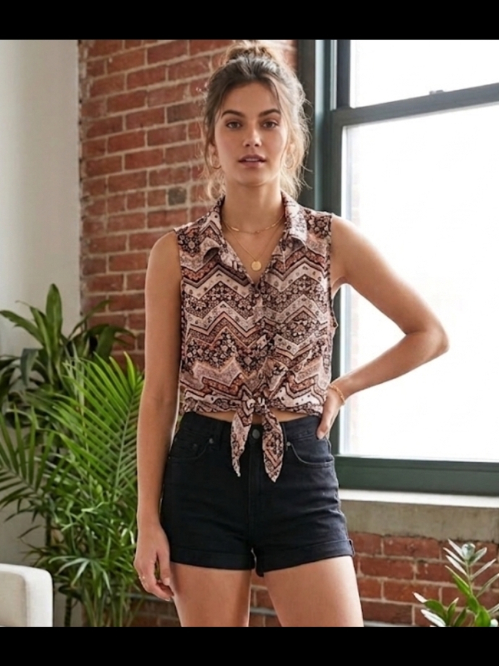 Forever 21 Blush Brown Tie-Front Printed Sleeveless Crop Top